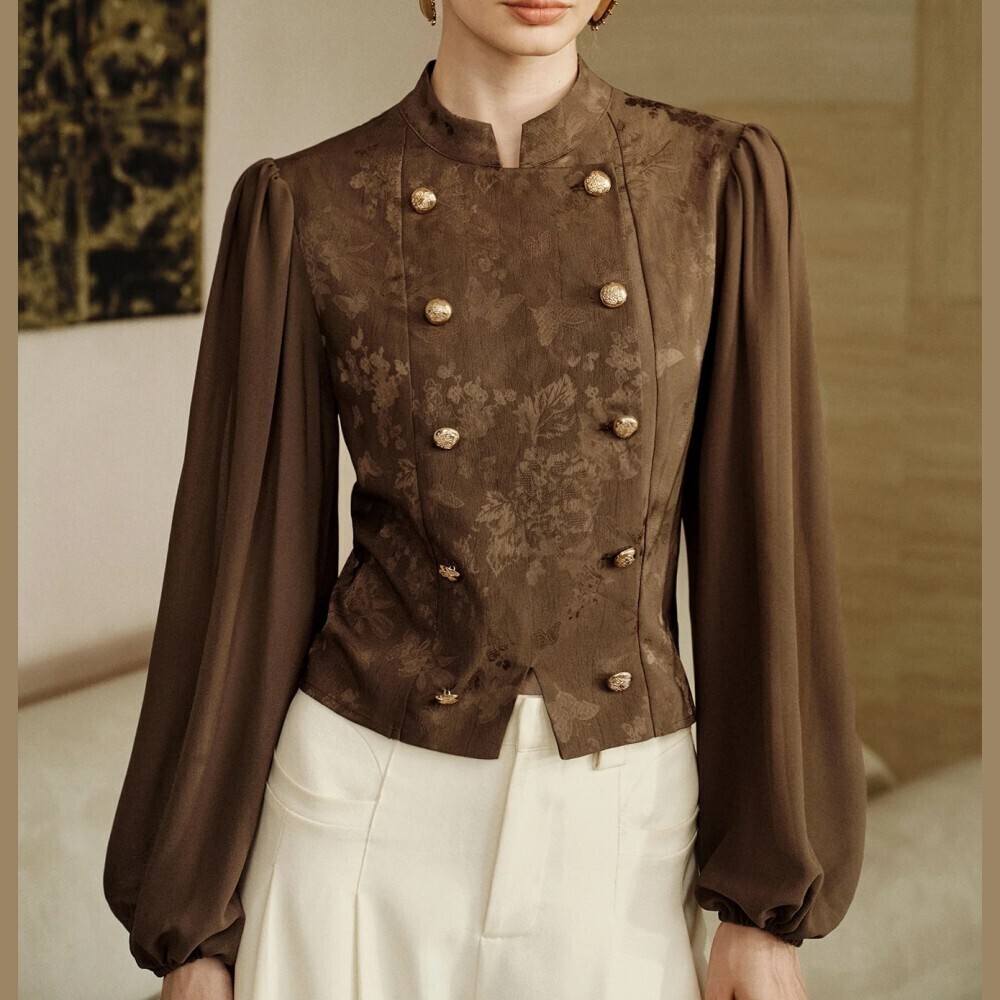 Brown Floral Patterned Double Breasted Bishop Puff Sleeve Jacket